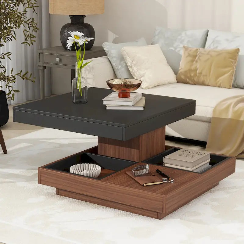 Table basse carrée double couche rotative à 360° au design moderne