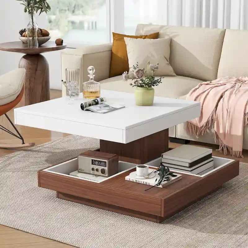 Table basse carrée double couche rotative à 360° au design moderne