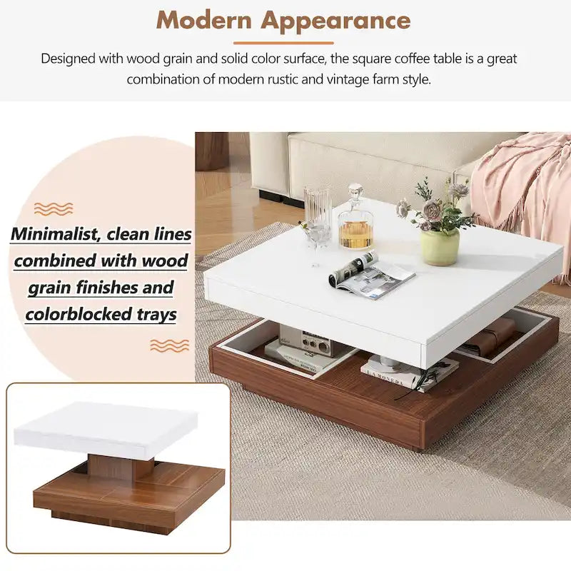 Table basse carrée double couche rotative à 360° au design moderne