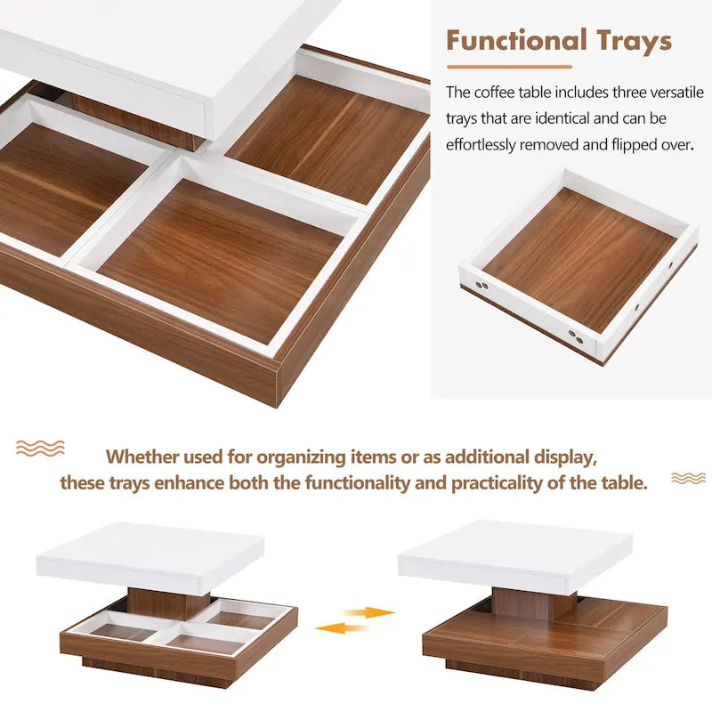 Table basse carrée double couche rotative à 360° au design moderne