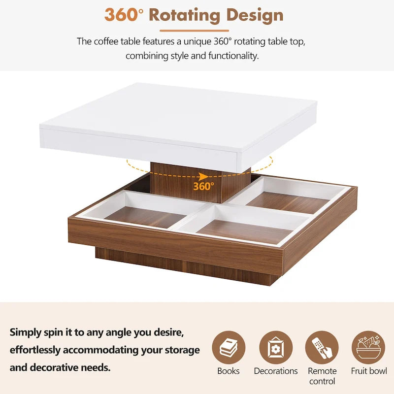 Table basse carrée double couche rotative à 360° au design moderne