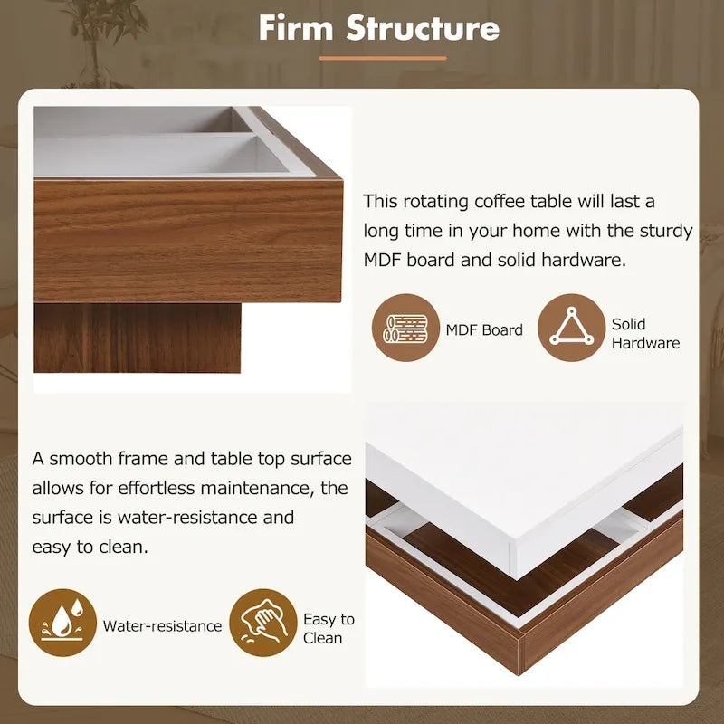 Table basse carrée double couche rotative à 360° au design moderne