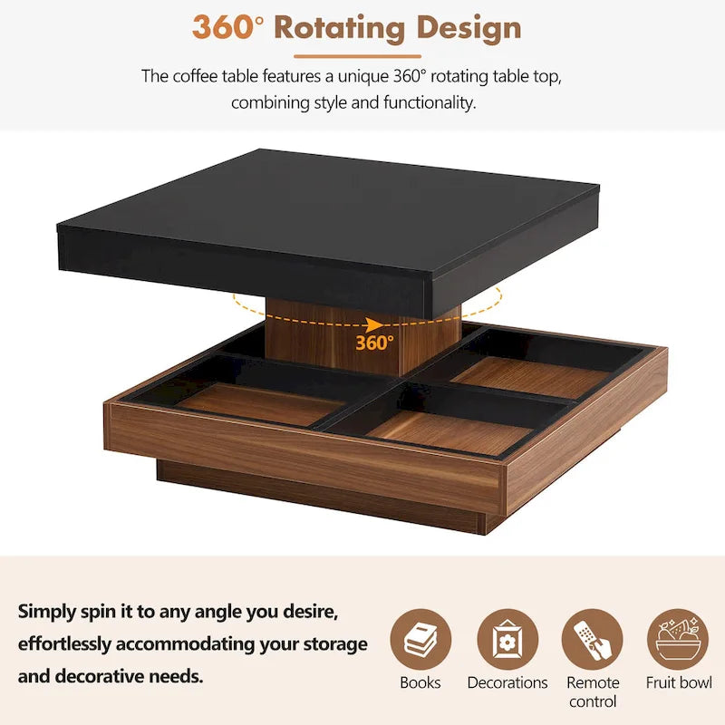 Table basse carrée double couche rotative à 360° au design moderne