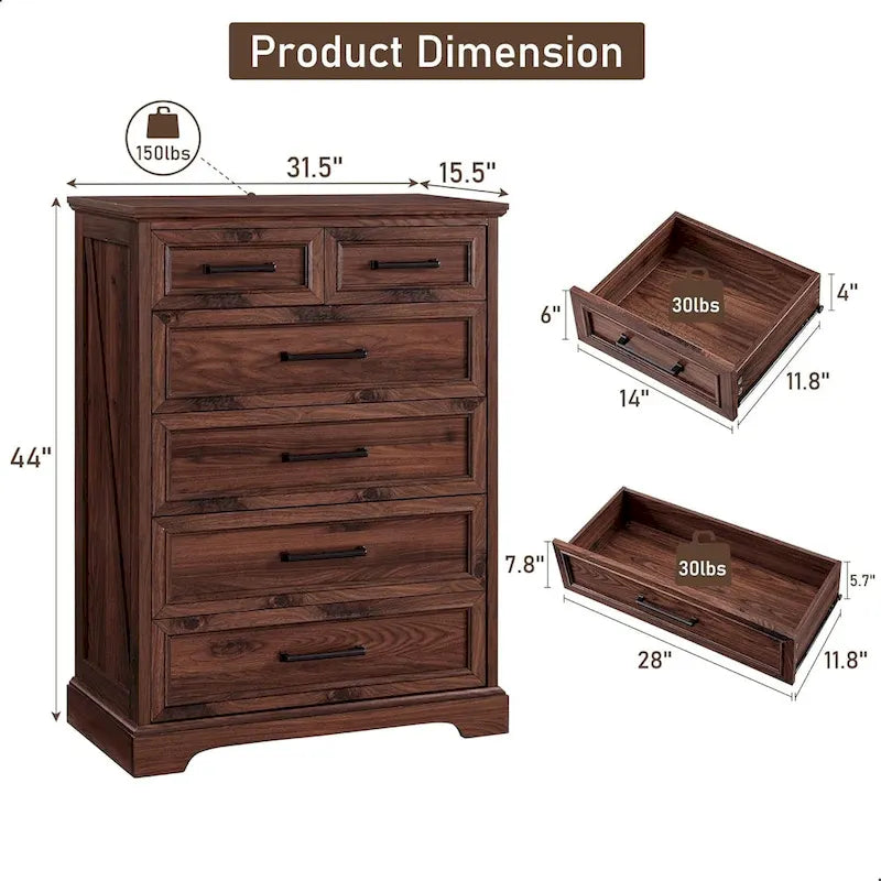 Commode de style rustique à 6 tiroirs