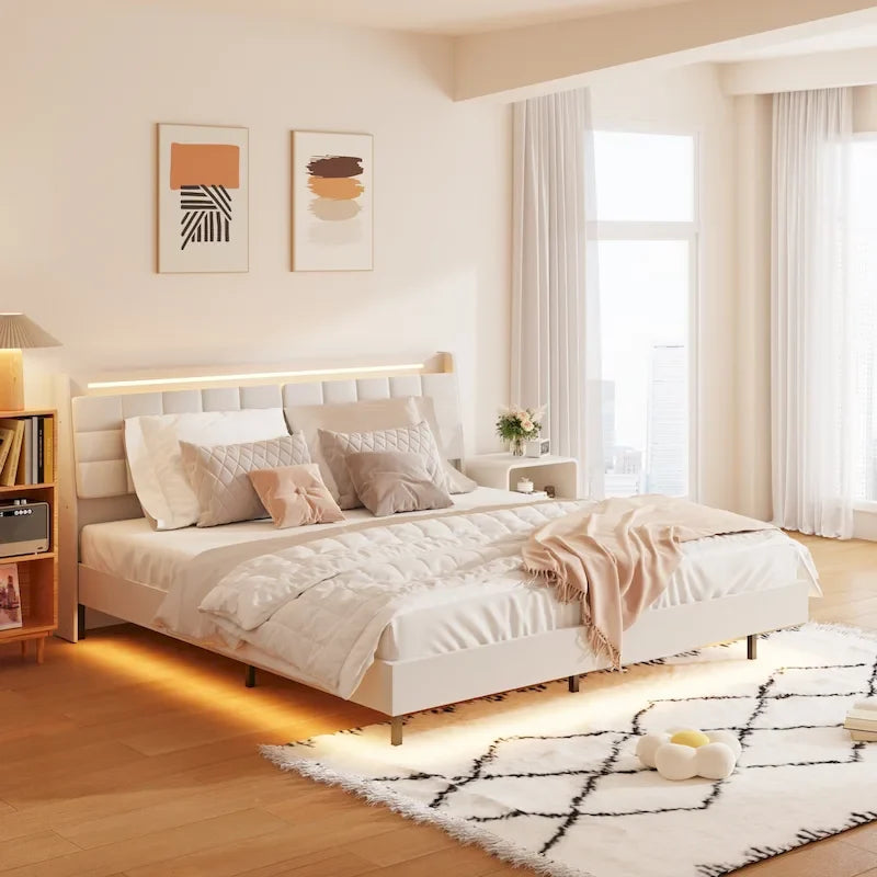 Lit plateforme rembourré flottant beige
