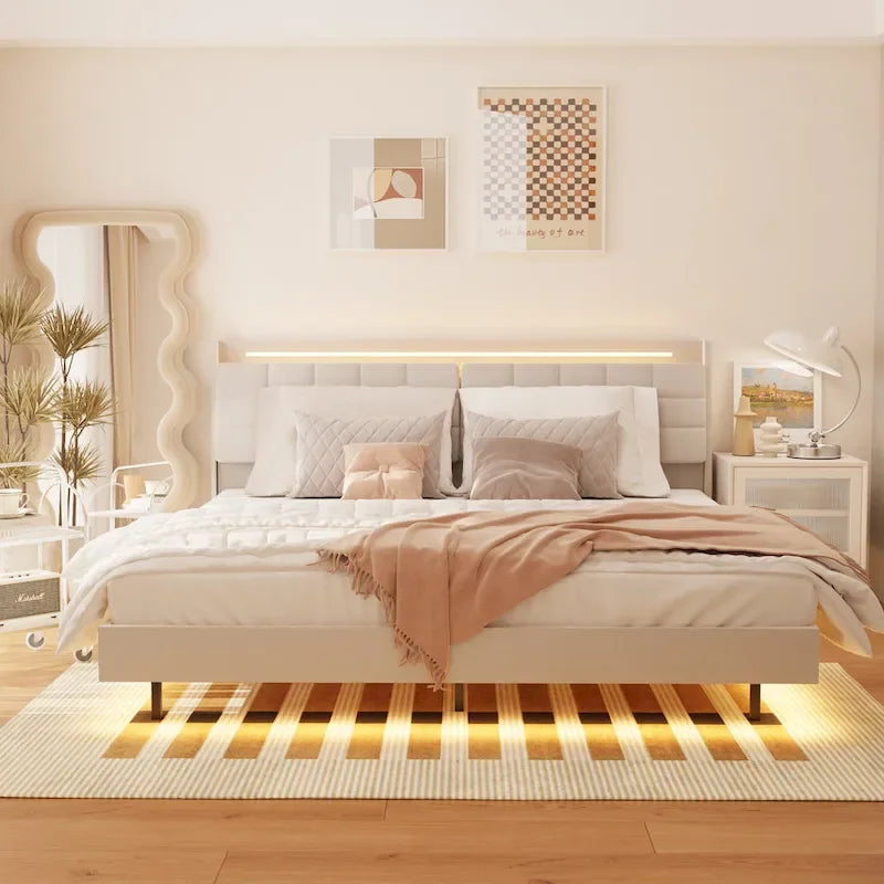 Lit plateforme rembourré flottant beige