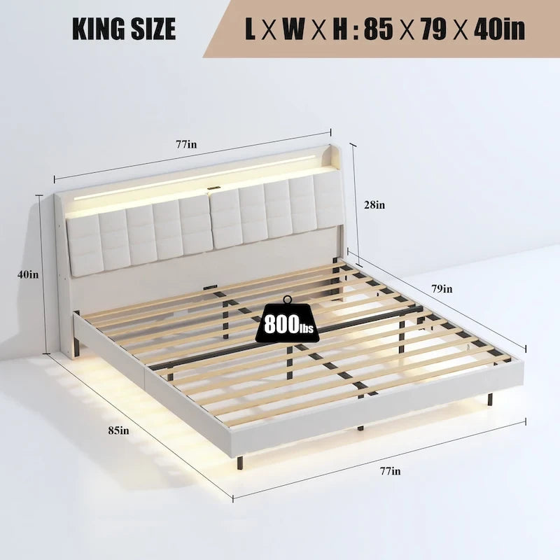 Lit plateforme rembourré flottant beige