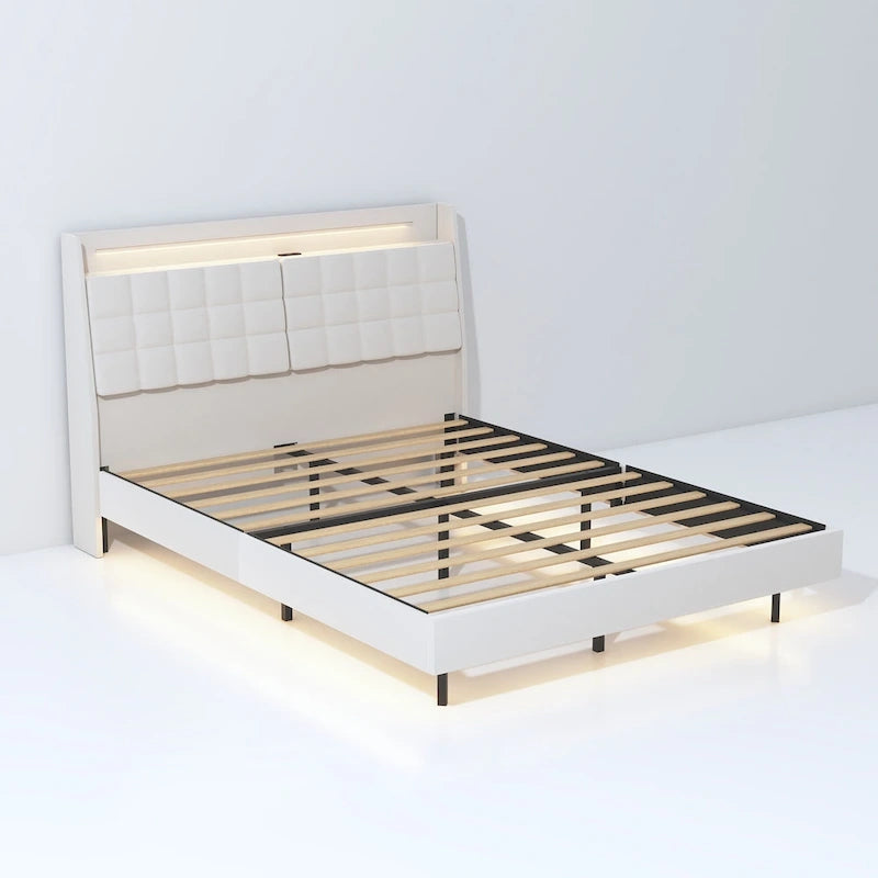 Lit plateforme rembourré flottant beige