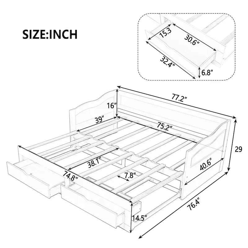Canapé-lit extensible double en pin blanc