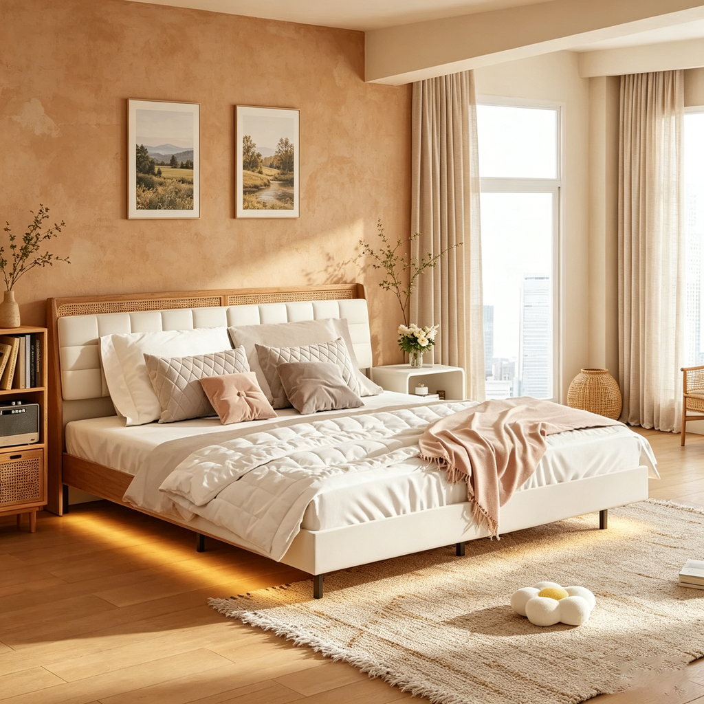 Lit plateforme rembourré flottant beige